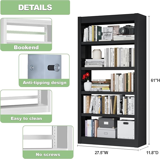 61" Tall Metal Bookshelf,5-Tier Display Bookcase,Industrial Open Bookcases with Adjustable Shelves,Black Standing Modern Bookshelves for Library,Office,Bedroom,Living Room