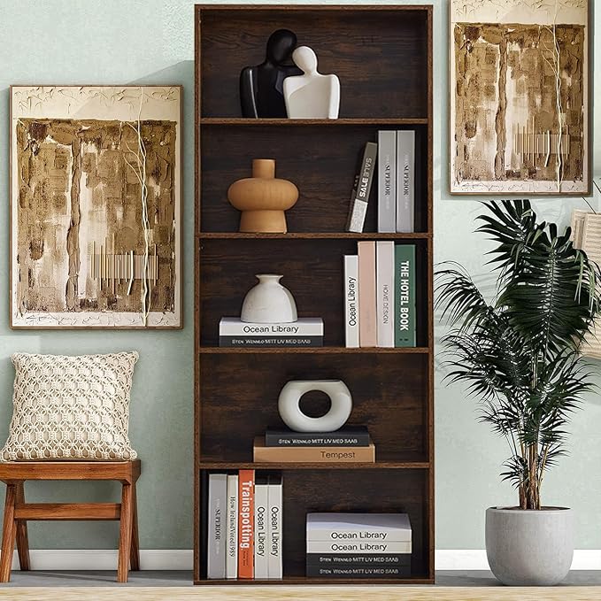 Tall Bookshelves with Cabinet, Office Storage Cabinets and Bookshelf, 5-Tier Wooden Bookcase with Storage, Floor Standing Display Cabinet Shelves for Living Room, Home Office, Brown