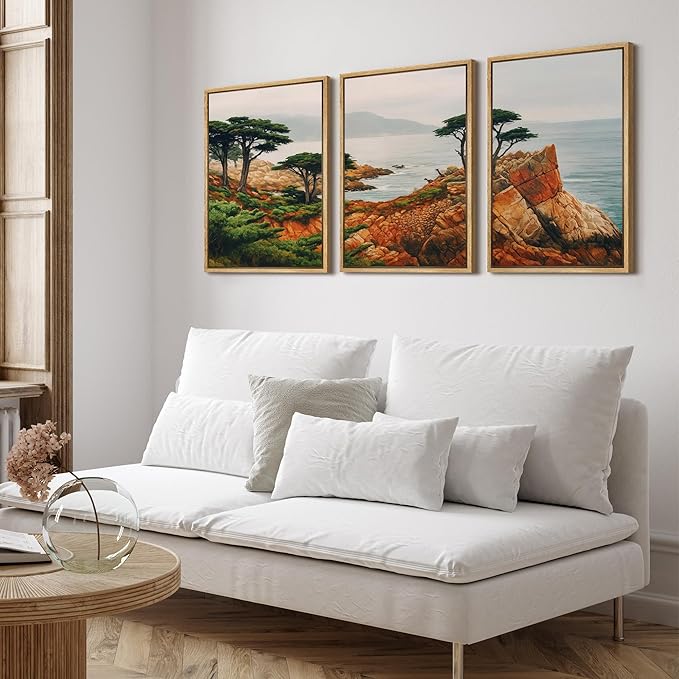 SIGNFORD Framed Wall Art Print Set Coastal Cypress and Rocky Shoreline Scenic Landscape Digital Art Modern Art Contemporary for Living Room, Bedroom, Office - 24"x36"x3 Natural