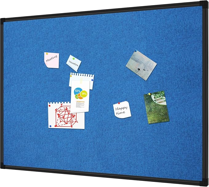 Lockways Linen Cork Bulletin Board, 36 x 24 Inch Framed Linen Fabric Pinboard, Blue Color Message Notice Wall Bulletin Cork Board for Home Kitchen Office Decorative, Black Aluminum Frame