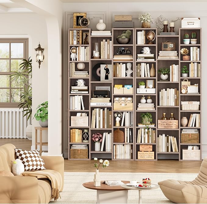 FOTOSOK 71'' Tall Bookshelf with 21 Cubes, 8 Tier Triple Wide Bookshelf with 8 Adjustable Shelves, 35" Large Bookcase DVD/CD Media Tower Storage, Freestanding Display Shelf Cabinet, Oak