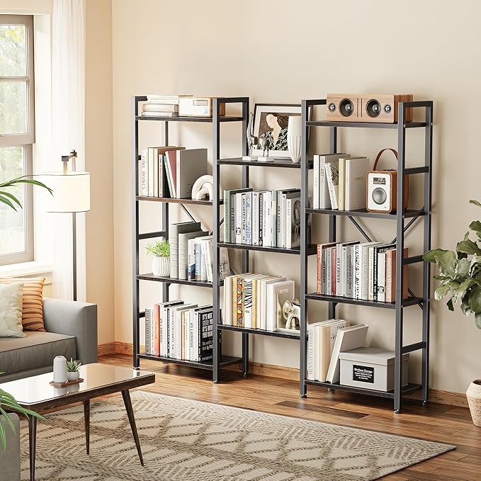 SUPERJARE Triple Bookshelf, Bookcase with 11 Open Display Shelves, Wide Book Shelf Book Case for Home & Office, 4 Tier, Black