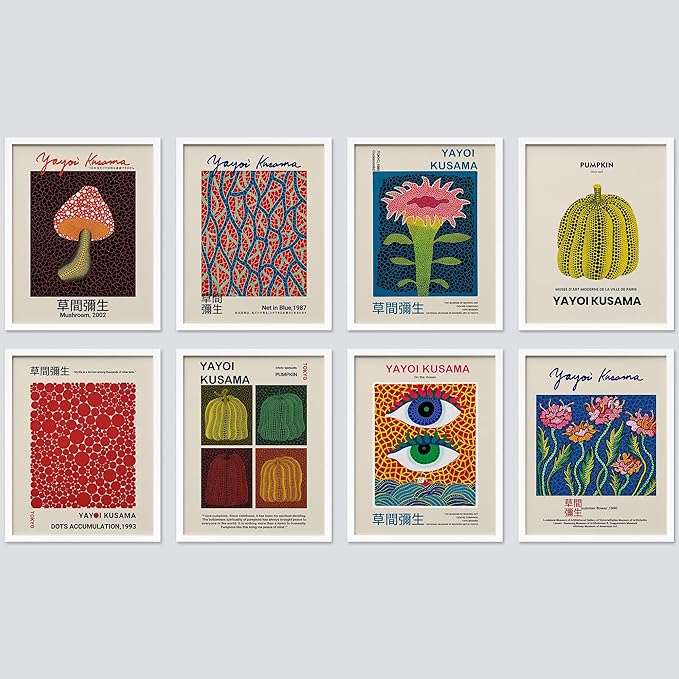 SIGNWIN Framed Poster Wall Art Set of Mushroom Botanical, Blue Red Dots, Japanese Pumpkin The Ocean Minimalist Decor for Living Room, Bedroom, Office - 11"x14"x 8 White