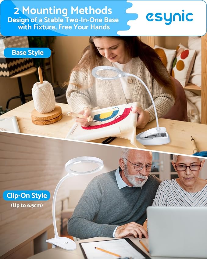 eSynic Lighted Magnifying Glass with Stand-USB-C Rechargeable-5X&10X Magnification-4.3" Large Lens-Desk Magnifier Lamp With Clamp & Heavy Base-3 Levels Brightness-Flexible Gooseneck for Reading Crafts