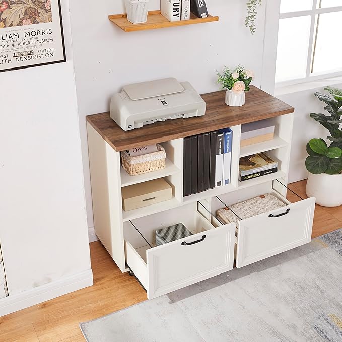 40" Lateral File Cabinet with Wheels,Farmhouse Wood File Cabinets with shelve,Filing Cabinets with 2 Drawers for Legal/Letter/ A4 Size