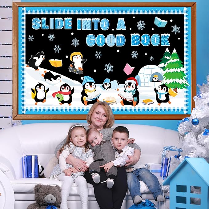 Winter Penguin Reading Bulletin Board Set Winter Christmas Library Classroom Decorations Books Snowflake Paper Cutout Blue Bulletin Board Border for Xmas Holiday School Wall Decor Teacher Supplies