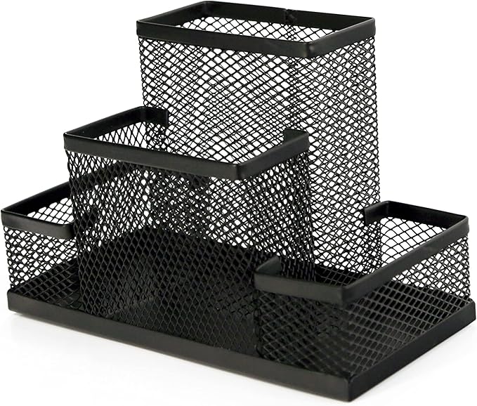 Huron Pen Holder and Desk Organizer Caddy, 4 Compartment Storage for Pencils Pens Sticky Notes Office Desk Accessories for Home Office,Black Steel Mesh (1/4/24/96) (1 pc)