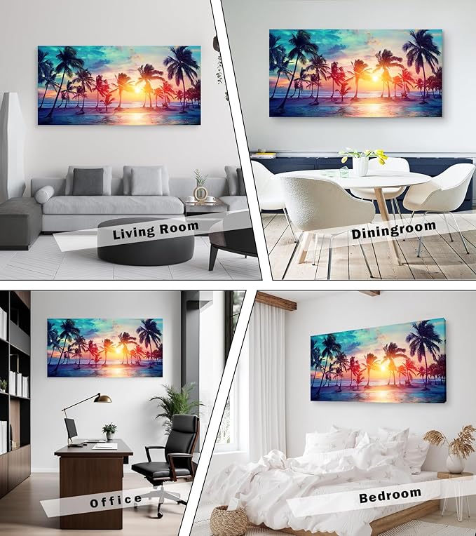 DZL Art S75598 Canvas Wall Art Palm Trees Silhouettes On Tropical Beach At Sunset Beach Seascape Painting Nature Pictures for Living Room Home Office Wall Decor Artwork