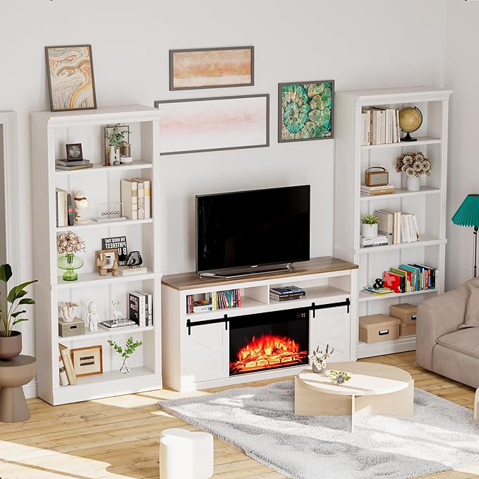 Shahoo 72" Bookcase and Bookshelf, 5-Tier Wood Bookcases with Shelves, Tall Floor Standing Book Shelf Storage Cabinet Home Decor Furniture for Living Room, Home Office 2 Pcs, White