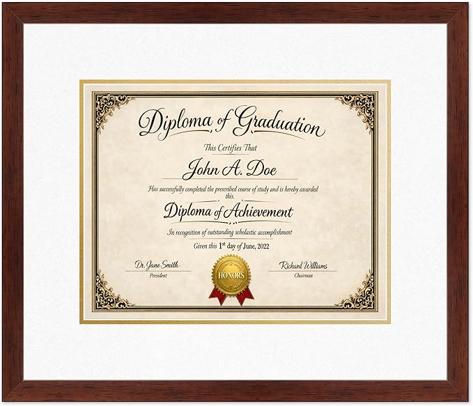 Diploma Frame Rustic Walnut with Oyster Shell Over Gold Double Mat - Fits 14 x 11 College Diploma (Modern) Wall Display Made in the USA