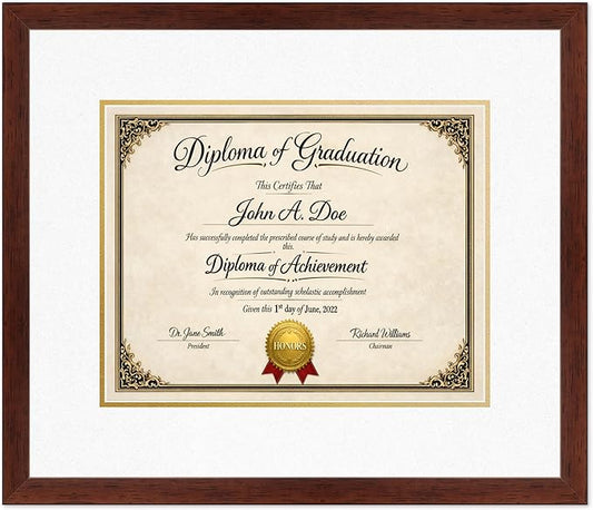 Diploma Frame Rustic Walnut with Oyster Shell Over Gold Double Mat - Fits 14 x 11 College Diploma (Modern) Wall Display Made in the USA