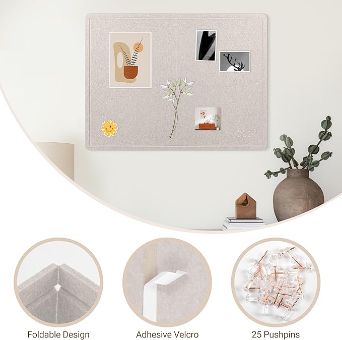 AKTOP Bulletin Board, 24" x 36" Foldable Felt Notice Pin Board for Wall, Decorative CorkBoard Photo Display Board with Self-Adhesive Tape, Vision Board Cork Board Alternative with 25 Pushpins - Latte