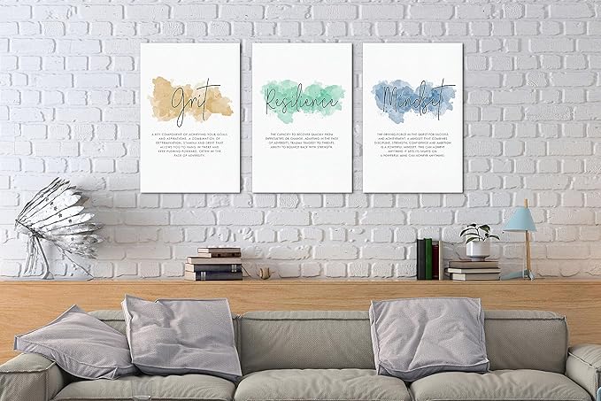 SHMAO Office Canvas Wall Art Motivational Wall Decor, 3 Piece Grit Resilience Mindset Print Pictures for Office Wall Decor Women Inspirational Framed Artwork Home Office Decor 12”x18”x3 Panels