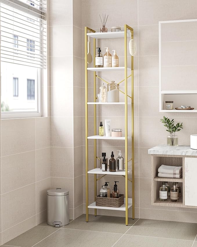Bookshelf, Book Shelf, Industrial Bookcase with 2 Hooks, Coner Shelf Storage Organizer for Home Office, Living Room, Bedroom, Kitchen, 6-Tier White-Gold BC10713G