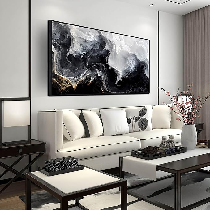 Black Art White Wall Paintings for Living Room 29"x59" Abstract Poster Pictures Wall Mountain Art for Home Hotel