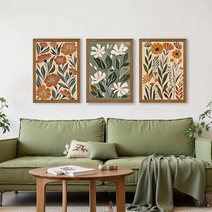 InspiredHues 3 Piece Abstract Boho Floral Canvas Wall Art, Green Beige Flower Market Wall Decor, Minimalist Colorful Botanica Artwork Prints for For Living Room Bedroom Office 16x24 Inch Wood Framed