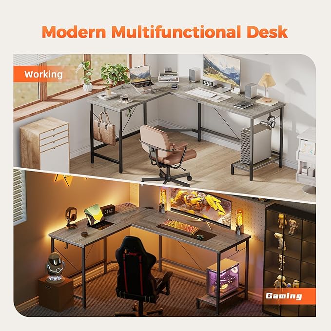 Mericonia 50 inch Large L Shaped Desk, Simple Corner Gaming Desk with CPU Stand & Hooks, Computer Desk for Home, Bedroom & Office Workspace, Grey