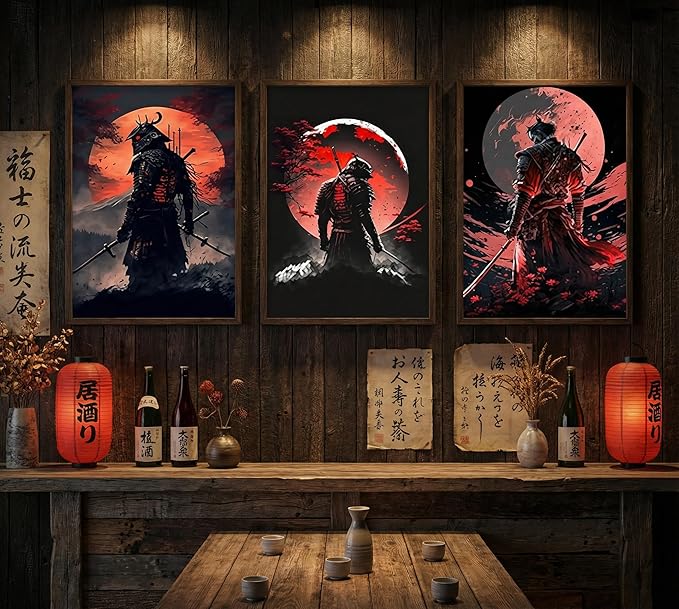 3pcs Japan Samurai Canvas Wall Art Japanese Bushido Posters Prints Paintings Japanese Style Full Moon Ninja Wall Decor Pictures for Living Room Bedroom Home Artwork Decoration Unframed