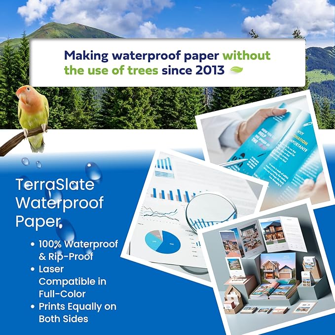 TerraSlate Waterproof Paper - Hydronote 54lb Multipurpose Copy Paper 8.5” x 11”, Bulk Printer Paper, Inkjet Printer and Laser Printer Paper Compatible - Rain/Weather/Rip-proof (1500 Sheets)