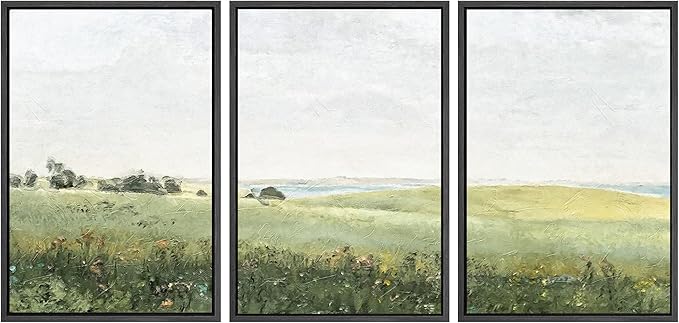 SIGNWIN Framed Canvas Print Wall Art Set Green Pasture Countryside Flower Field Nature Abstract Illustrations Modern Art Decorative Nordic Rustic for Living Room, Bedroom, Office - 16"x24"x3 Black