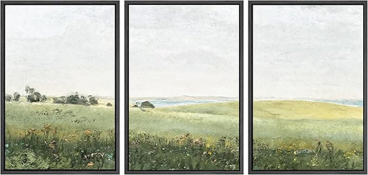 SIGNWIN Framed Canvas Print Wall Art Set Green Pasture Countryside Flower Field Nature Abstract Illustrations Modern Art Decorative Nordic Rustic for Living Room, Bedroom, Office - 24"x36"x3 Black