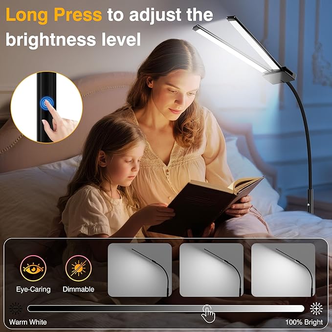 Rechargeable Floor Lamp Cordless with 8000mAh Battery, 15W Dual Head Adjustable Gooseneck LED Reading Lamp, Battery Operated Cordless Floor Lamp for Home, IP54 Rated