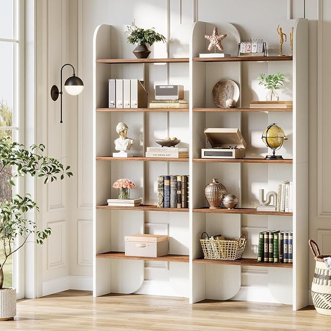 Tribesigns 5-Tier Farmhouse Bookshelf, 70.87-Inch Tall Double Wide Bookcase with Open Shelves, Vintage Floor Standing Book Shelf (1, White+Brown)