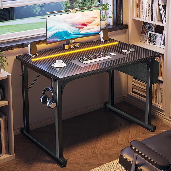 32 Inch Computer Desk with LED Lights for Small Spaces, Office Desk for Home Office, Study Desk Writing Table with Storage Bag, Headphone Hook, Black
