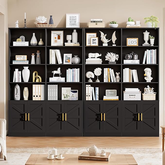 Black 6 Tier Double Bookshelf with Storage Set of 2, 71" Tall Farmhouse Bookcase with 8 Doors, Floor Standing Open Display Shelves, Wooden Book Shelf Organizer for Home Office Library