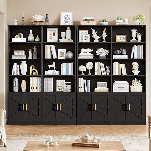 Black 6 Tier Double Bookshelf with Storage Set of 2, 71" Tall Farmhouse Bookcase with 8 Doors, Floor Standing Open Display Shelves, Wooden Book Shelf Organizer for Home Office Library