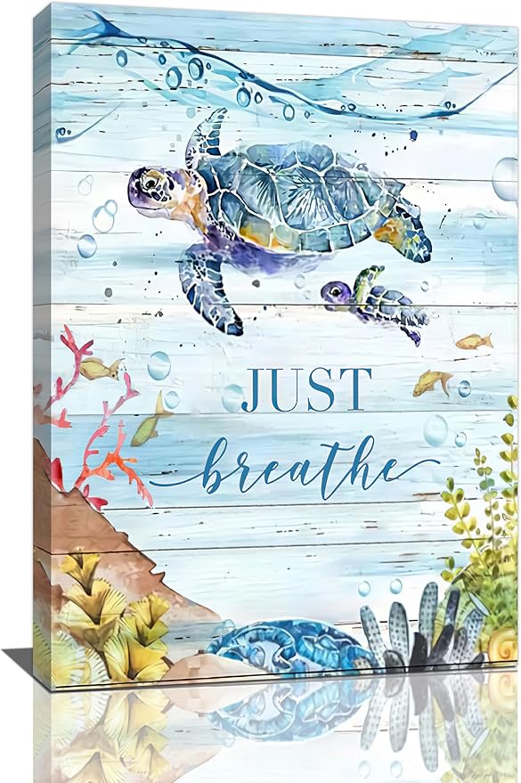 Ocean Sea Turtle Wall Art Nautical Just Breathe Pictures Wall Decor Beach Seaweed Canvas Coastal Painting Modern Artwork Home Decoration for Bathroom Living Room Bedroom Office Framed 16"x24"