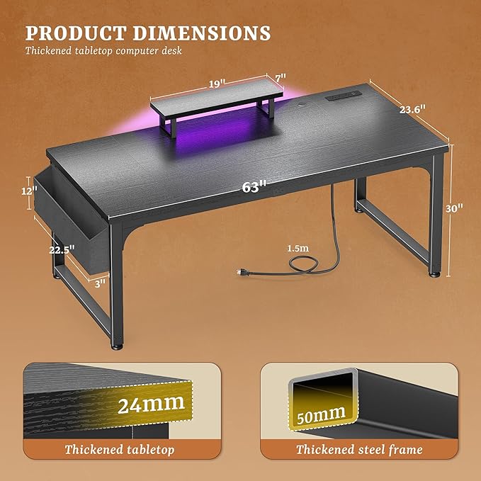63 Inch Gaming Desk with 0.95 Inch Thicker Desktop, Computer Desk with Power Outlets & Monitor Stand & LED Light & Storage Bag, Office Writing Desk for Home Office, Study, Bedroom, Black