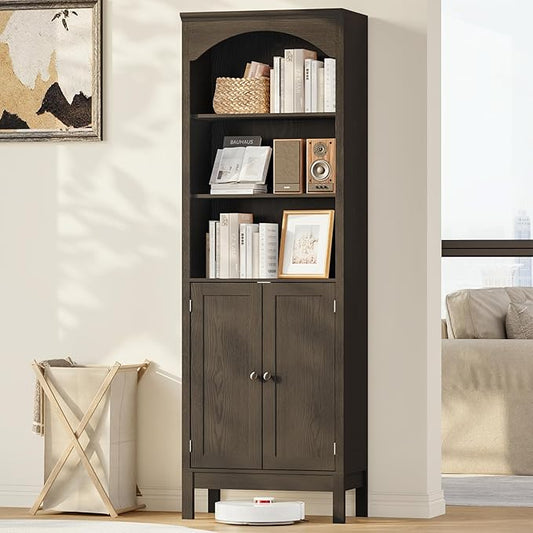 71" H Tall Bookshelf with Doors, Farmhouse Book Shelf with 3-Tier Open Shelves, Wooden Bookcase with Storage Cabinet, Freestanding Display Bookshelves for Bedroom, Living Room, Black