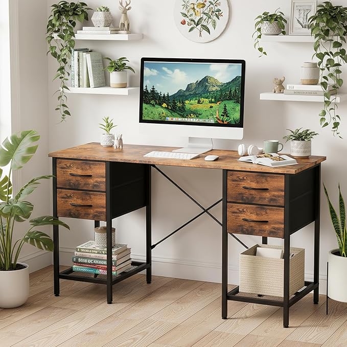 DUMOS Computer Desk 55 Inch with 4 Drawers Home Office Table with Mesh Shelf for Work Study Writing Gaming Storage Furniture for Bedroom, Rustic Brown