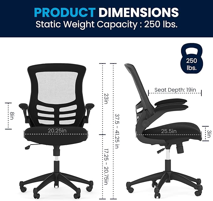 Flash Furniture Kelista Mid-Back Swivel Office Chair with Adjustable Seat Height, Ergonomic Mesh Desk Chair with Flip-Up Armrests, Black