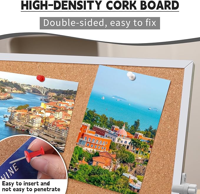 11.81"×15.74" Cork Board Bulletin Board, Double Sided Pin Board with Silver Aluminum Border, Desktop Small Cork Board with Stand Suitable for Home, Office, Desk Message Board or Picture Board