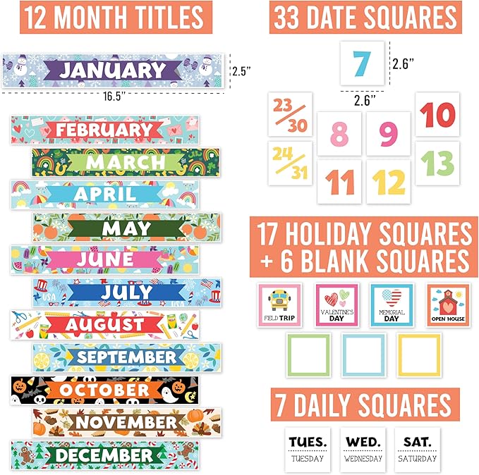 Hadley Designs Classroom Calendar Set Bulletin Board Decorations - Colorful School Calendar for Classroom Decor, Kindergarten Preschool Elementary Teacher Must Haves, Homeschool & Daycare Essentials
