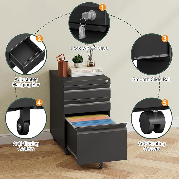 3 Drawer Metal Rolling File Cabinet with Lock, Under Desk Mobile Filing Cabinet for Home Office, Steel Storage Cabinet with Wheels for A4/Letter/Legal Documents, Easy Assembly, Black