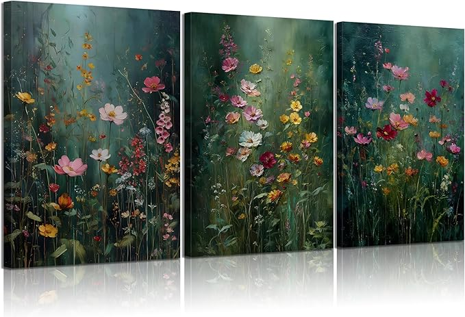 3Pcs Dark Green Floral Canvas Wall Art Moody Wildflowers Poster Prints Vintage Nature Rustic Botanical Flowers Pictures for Bedroom Living Room Office Bathroom Wall Decor 12x16in Framed