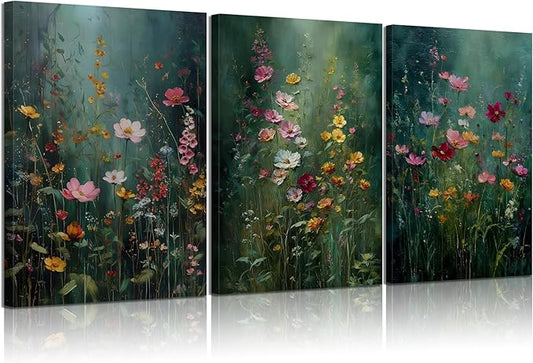 3Pcs Dark Green Floral Canvas Wall Art Moody Wildflowers Poster Prints Vintage Nature Rustic Botanical Flowers Pictures for Bedroom Living Room Office Bathroom Wall Decor 12x16in Framed
