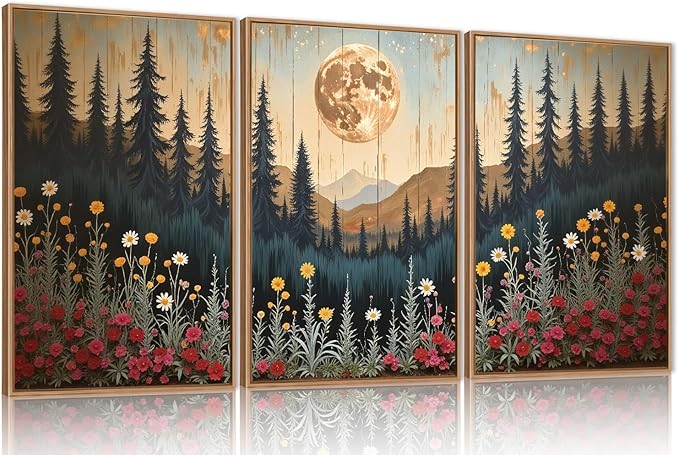 Ausril Vintage Moon Forest Framed Canvas Wall Art Set, Wildflower Forest Mountain Wall Decor, Nature Pine Tree Wall Painting, Colorful Floral Art Prints for Living Room, Bedroom, Office - 24"X36"X3