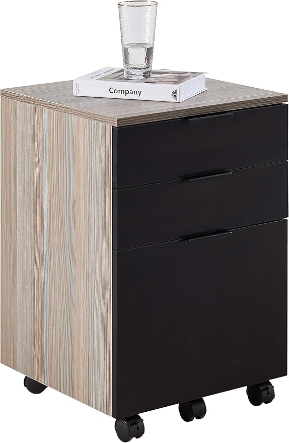 JJS 3 Drawer Rolling Wood File Cabinet with Locking Wheels, Home Office Portable Vertical Mobile Wooden Storage Filing Cabinet for A4 or Letter Size, Black