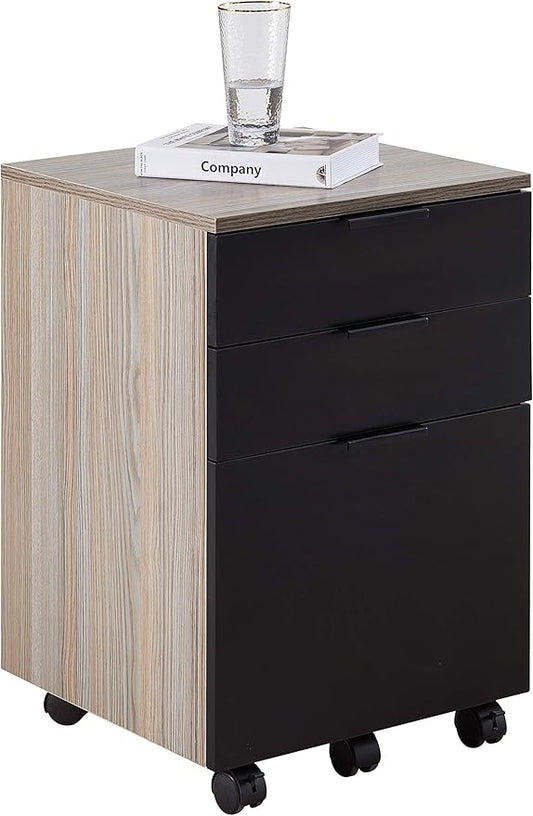 JJS 3 Drawer Rolling Wood File Cabinet with Locking Wheels, Home Office Portable Vertical Mobile Wooden Storage Filing Cabinet for A4 or Letter Size, Black