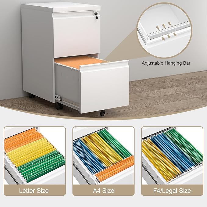 2 Drawer File Cabinet with Lock,Metal Filing Cabinet with Wheel,White Rolling File Cabinets,Moblie Under Desk Office Cabinets for Home Office,Fit A4/Letter/Legal