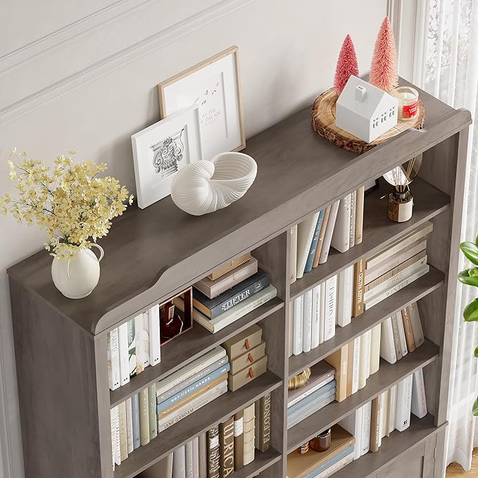 FACBOTALL 73.1" Tall Bookcase and Bookshelf, Wide Bookshelf with Doors and Adjustable Shelves, 6 Tier Large Bookshelfs with Storage, Tall Storage Cabinet for Living Room, Home Office, Wash Gray