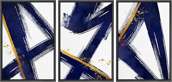 IDEA4WALL Framed Canvas Print Wall Art Set Blue Gold Geometric Graffiti Paint Stripes Abstract Shapes Illustrations Modern Art Contemporary for Living Room, Bedroom, Office - 24"x36"x3 Black