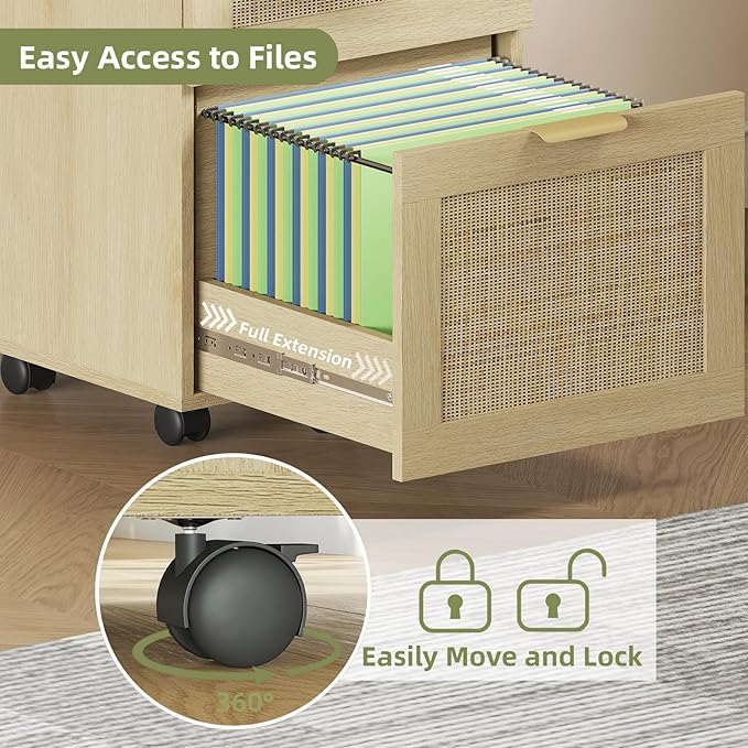 HOPUBUY 3 Drawer File Cabinet with Lock, Rattan File Cabinets with Wheels, Small Filing Cabinet for Hanging A4/Letter/Legal/F4, Rolling Wood Filing Cabinets for Under Desk Home Office, Natural Wood
