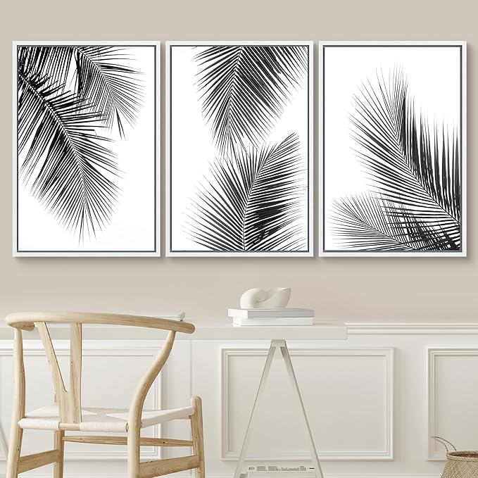 SIGNWIN 3 Piece Framed Canvas Wall Art Black and White Tropical Leaves Canvas Prints Home Artwork Decoration for Living Room,Bedroom - 16"x24"x3 White