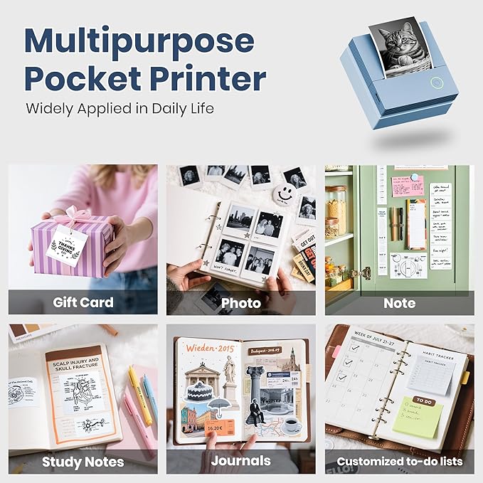 Sticker Printer, PM290C Portable Mini Printer, Inkless Bluetooth Sticker Maker with 3 Rolls Paper, Impresora Portátil for Notes, Journal, DIY, Gift, Print Pod for School/Office/Home, Blue