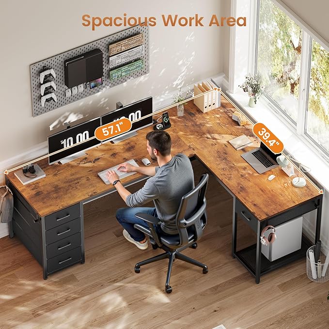 57" L Shaped Desk with 5 Drawers, Reversible Computer Corner Desk with Storage & Power Strip for Home Office, 78.7" Long 2 Person Desk, Rustic Brown